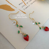 Strawberry Earrings - Strawberry Flower Leaf - Fruit Earrings - Cute - Creative Earrings - Gift - Handmade Earring.
